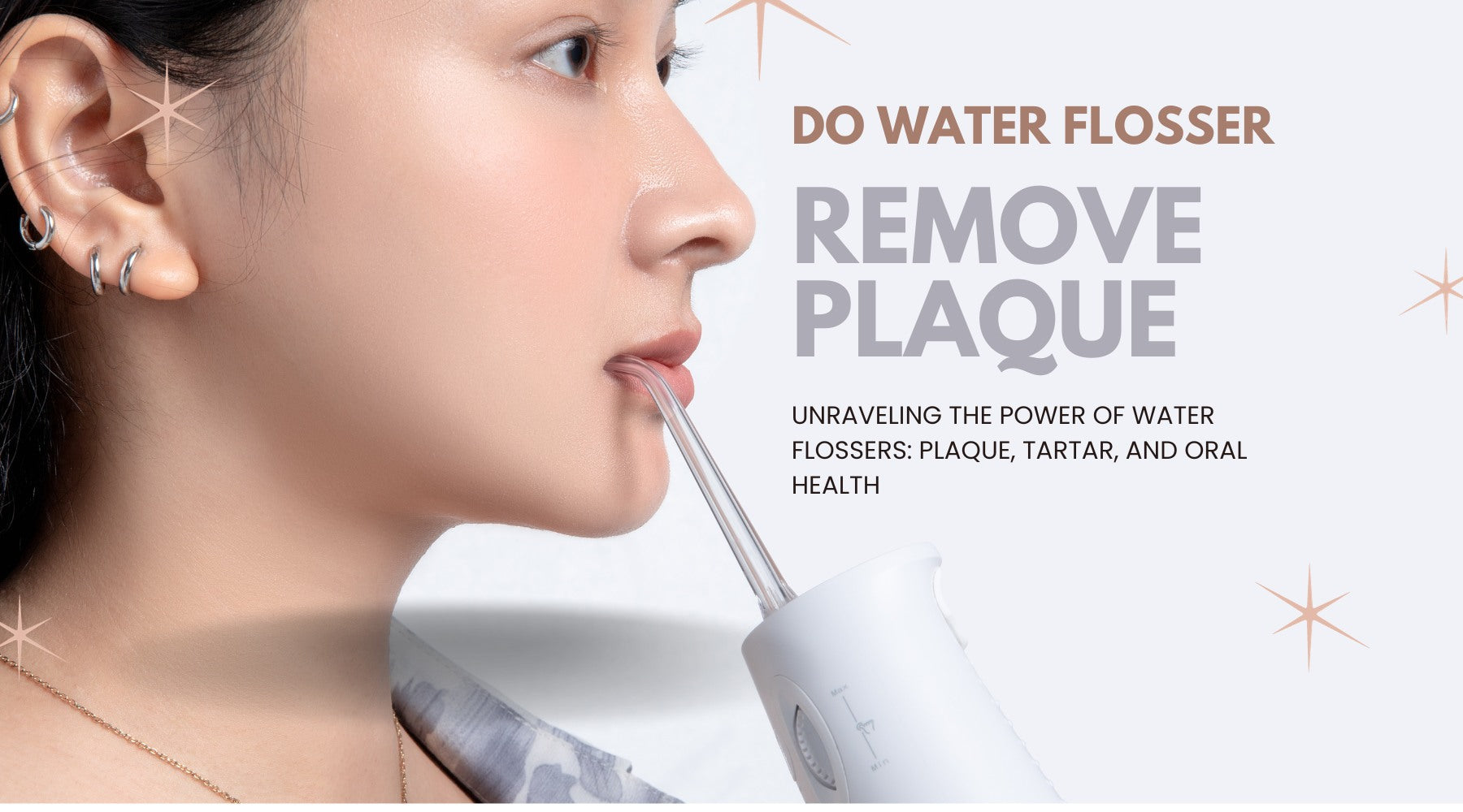 a YOUNG WOMAN IS USING FLOSMORE WATER FLOSSER