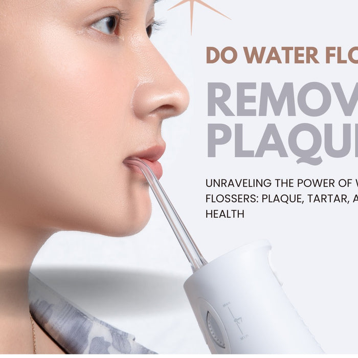 a YOUNG WOMAN IS USING FLOSMORE WATER FLOSSER