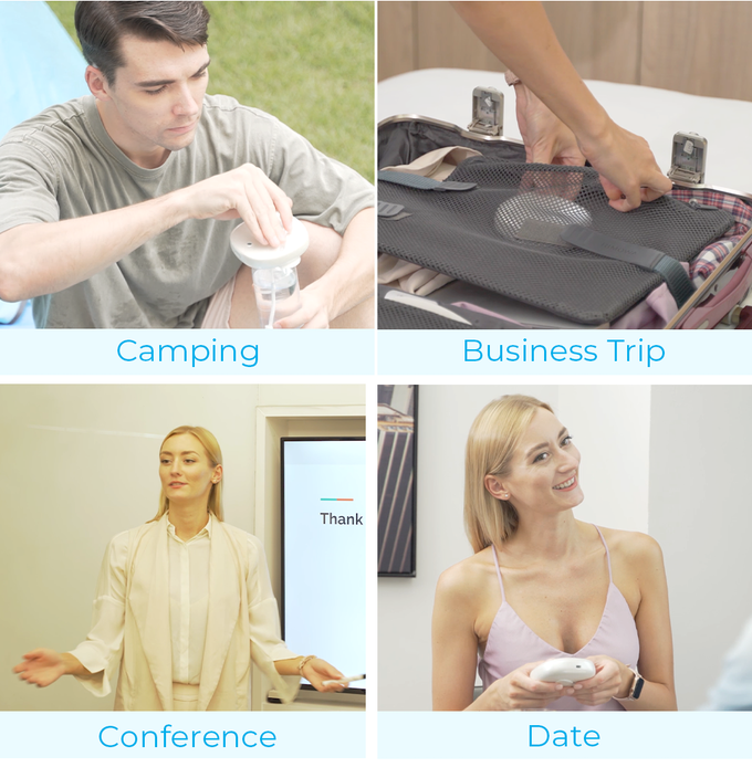 a man and a woman are using flosmore fl02 water flosser in camping, business trip, conference and date