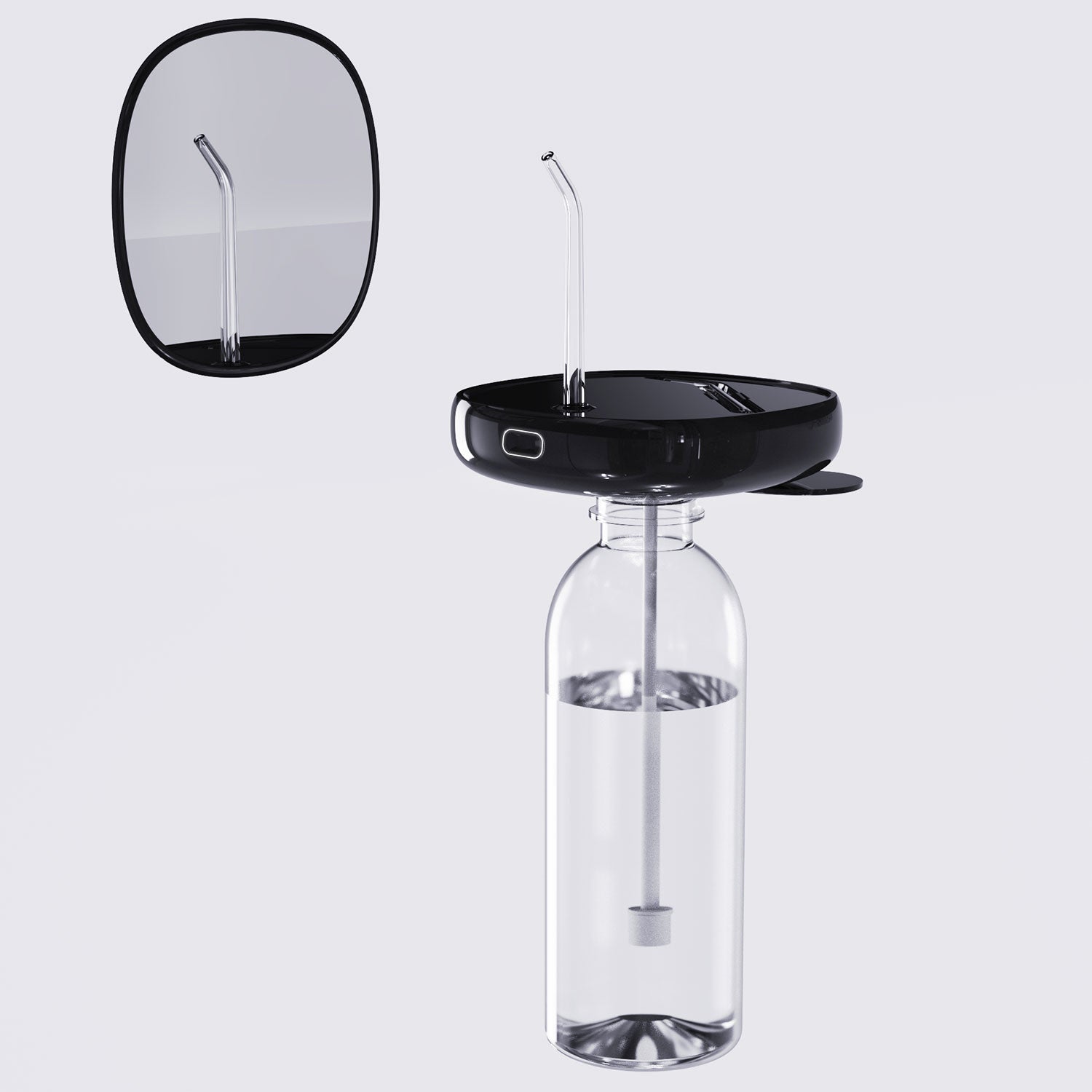 a black flosmore fl02 water flosser is connecting witha bottle water, a mirror cover is at left side