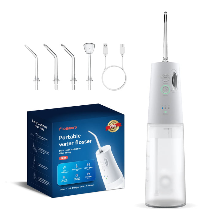Flosmore® FL01 cordless water flosser 4 tips and packaging